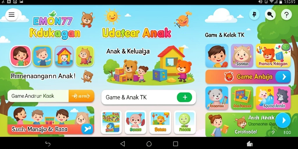 Tampilan antarmuka EMON77 yang ceria dan interaktif untuk anak-anak.
