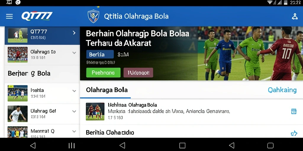 Tampilan antarmuka QT777 menampilkan berita dan statistik olahraga bola.